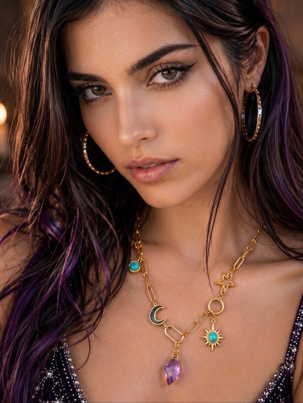 18K Gold Plated Celestial Sun Moon Star Charm Lariat Necklace Boho Whimsigoth